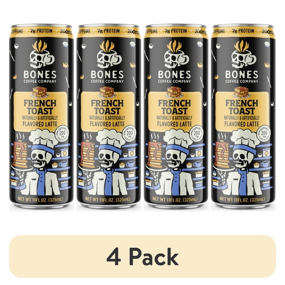 (4 pack) Bones Coffee Company French Toast Flavored Iced Coffee Latte, Ready To Drink Canned Coffee, 11 fl oz Can
