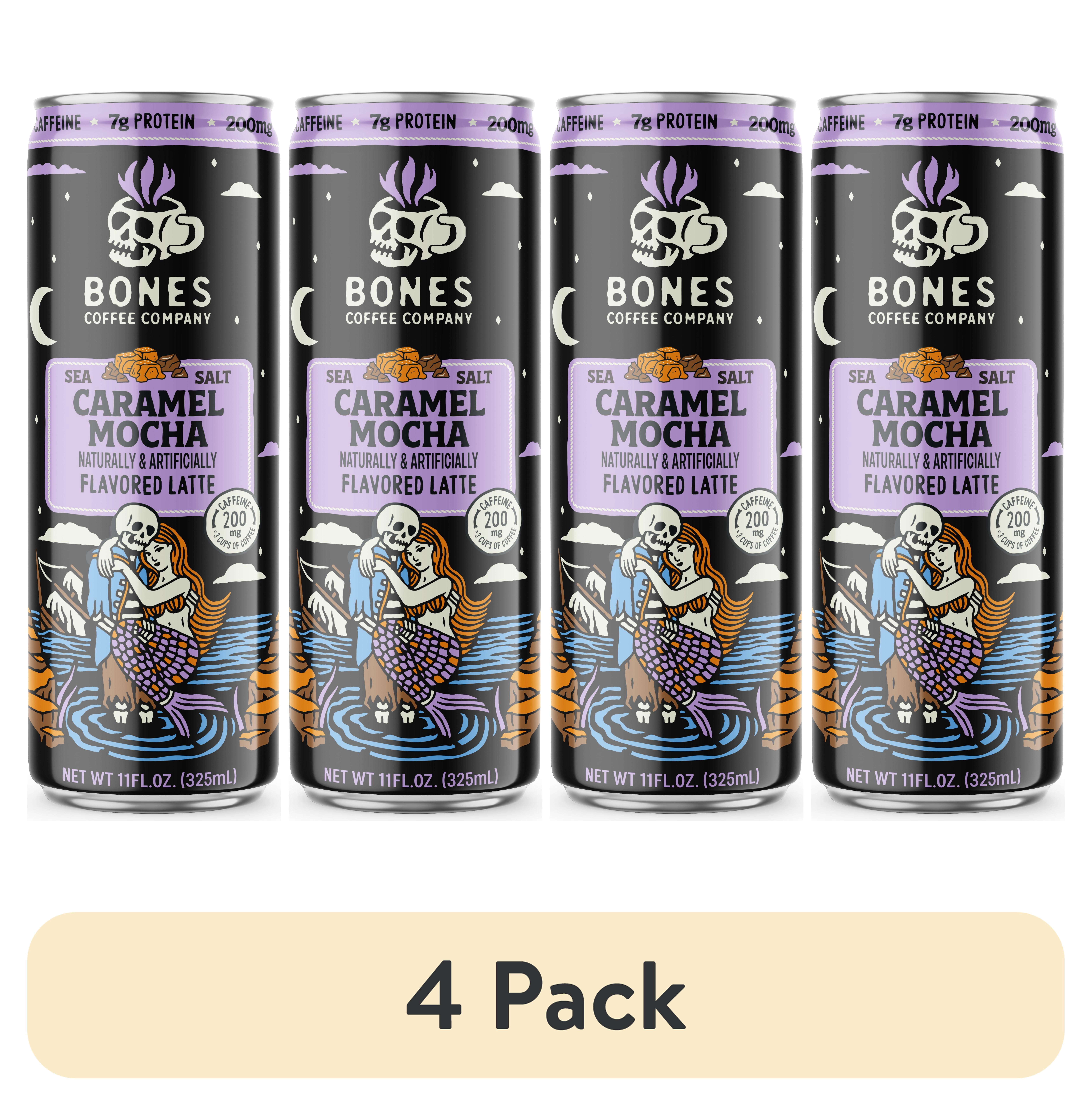 (4 pack) Bones Coffee Company Sea Salt Caramel and Chocolate Flavored Iced Coffee Latte, Ready To Drink Canned Coffee, 11 fl oz Can