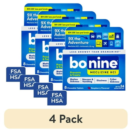 (4 pack) Bonine Motion Sickness and Nausea Relief, Chewable Tablets, Raspberry, 8 Count