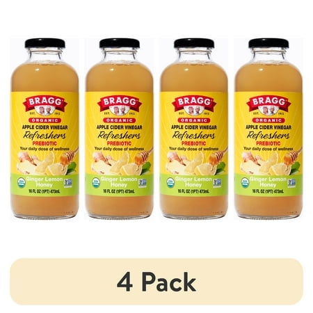(4 pack) Bragg Organic Apple Cider Vinegar Refresher, Ginger Lemon Honey, 16 fl oz