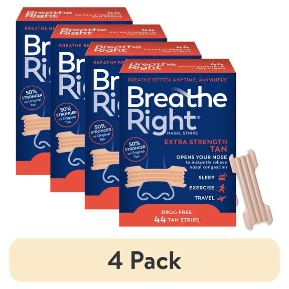 (4 pack) Breathe Right Nasal Strips, Tan Nasal Strips, Extra Strength, 44 Count