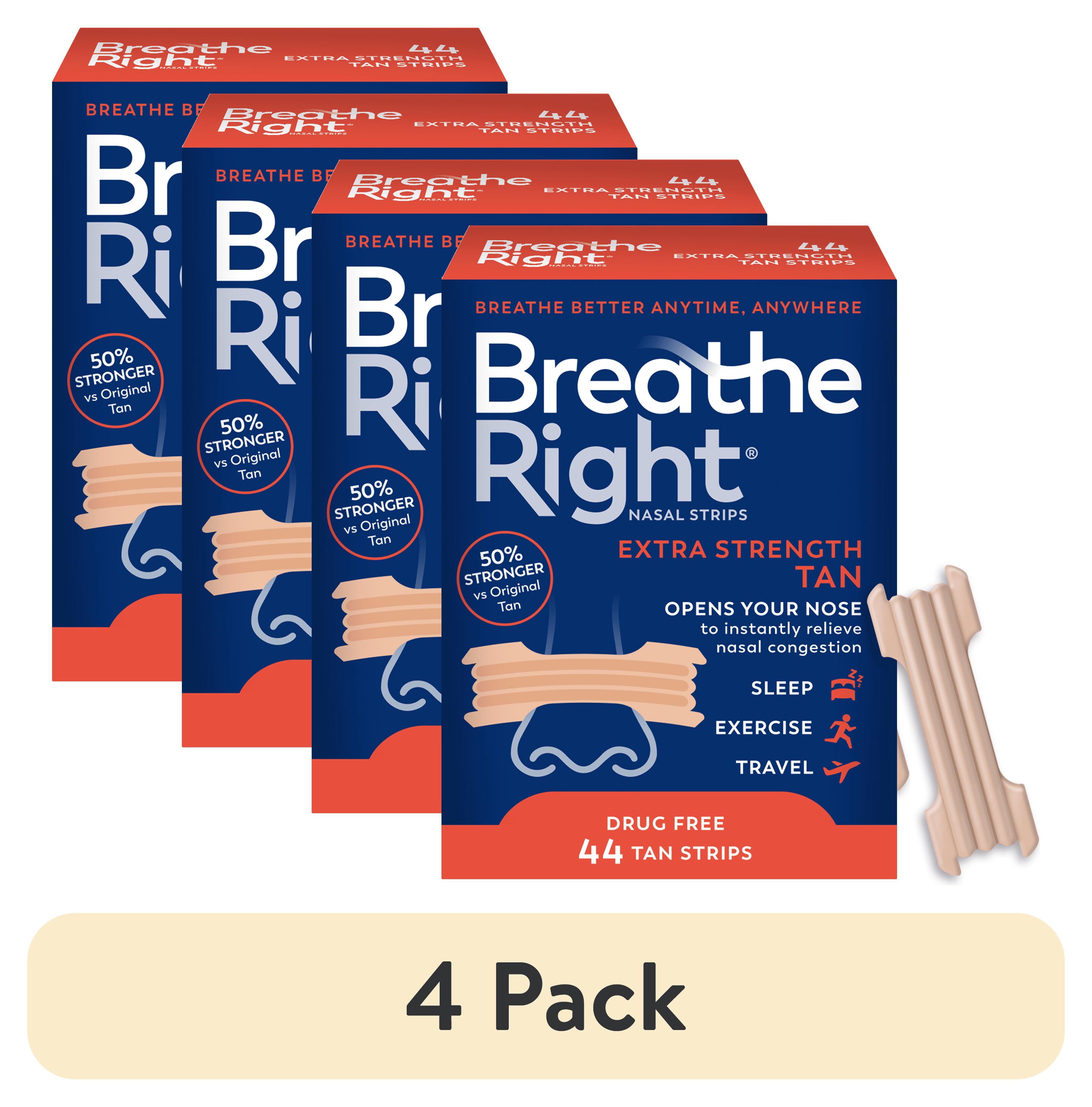(4 pack) Breathe Right Nasal Strips, Tan Nasal Strips, Extra Strength, 44 Count