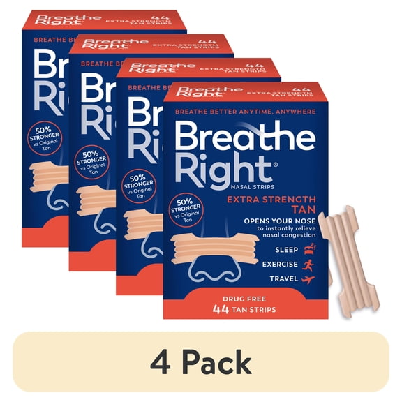 (4 pack) Breathe Right Nasal Strips, Tan Nasal Strips, Extra Strength, 44 Count