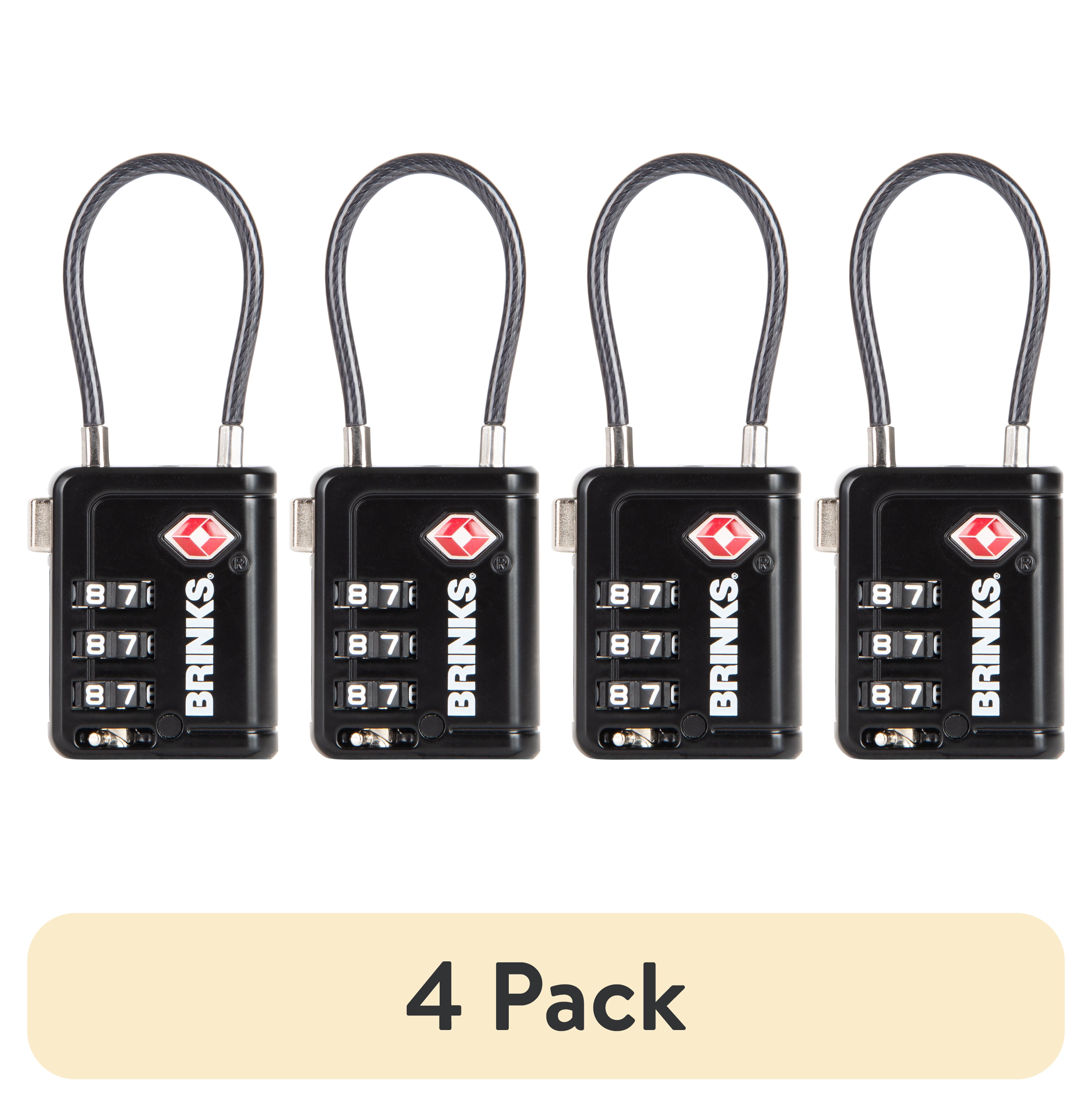 (4 pack) Brinks 34mm TSA Indicator Combination Padlock with Steel Cable Shackle, Black