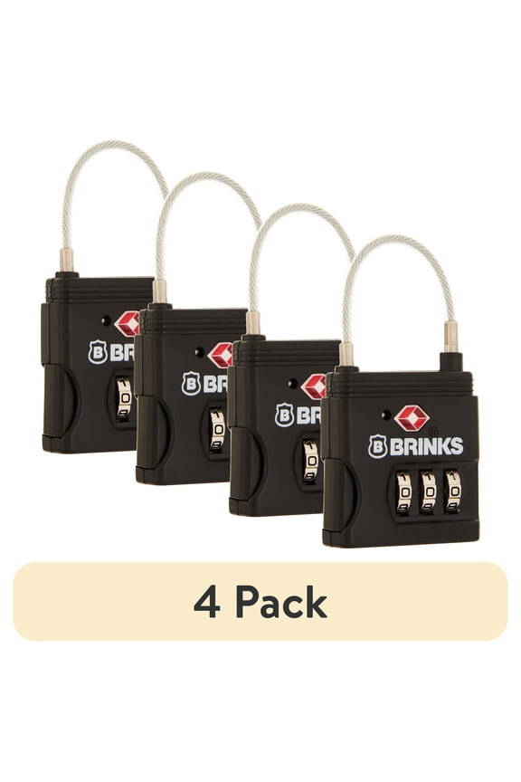 (4 pack) Brinks 37mm Die-Cast TSA Combination Luggage Padlock with 1-1/4in Flexible Braided Steel Cable Shackle