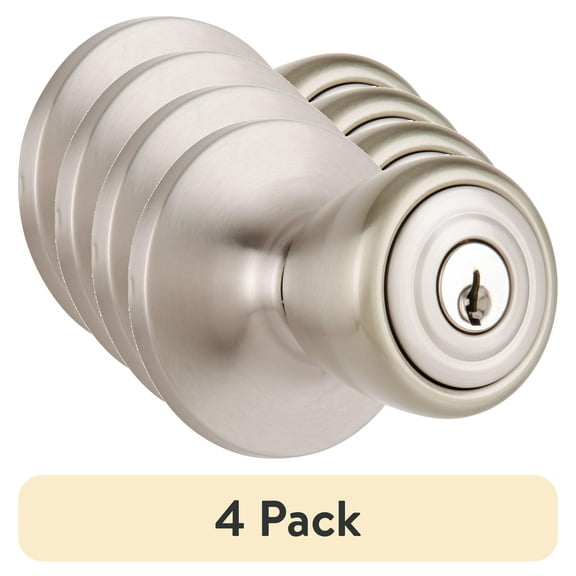 (4 pack) Brinks Keyed Entry Tulip Style Doorknob, Satin Nickel Finish
