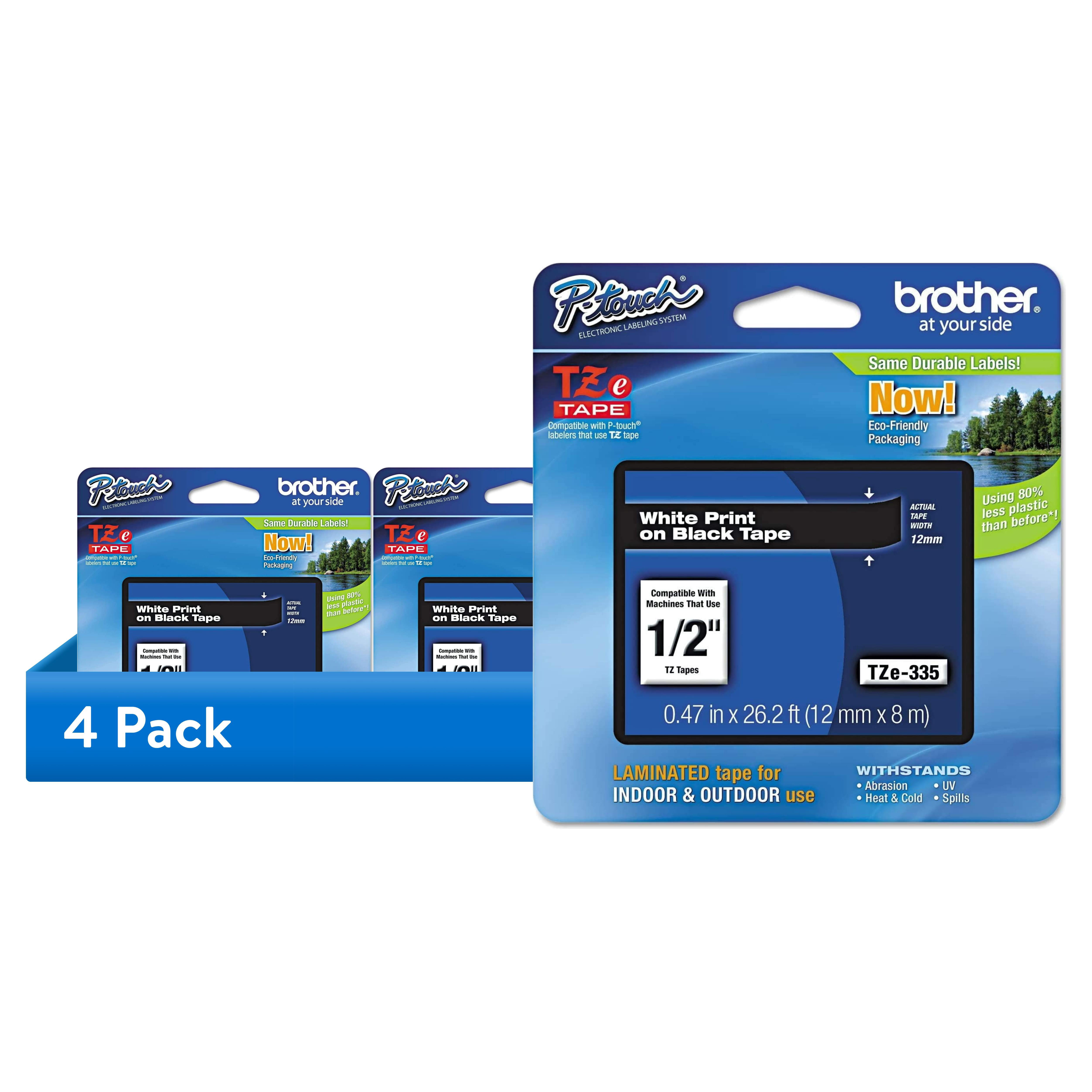 (4 pack) Brother P-Touch TZe335 Label Tape, 0.47" x 26.2 ft, White on Black, Laminated, 1 Roll Included