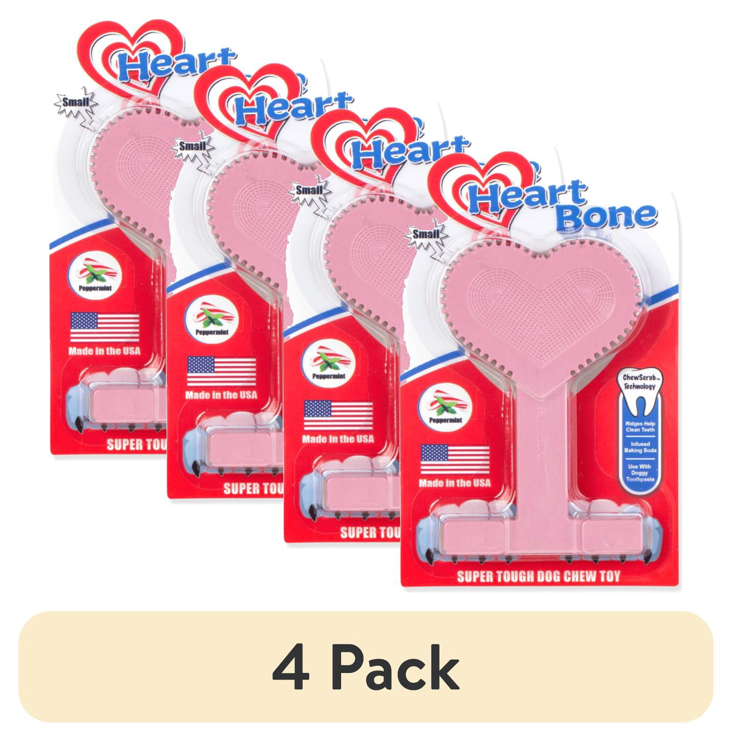 (4 pack) Bullibone Peppermint Heart Bone Dog Chew Toy, Small Size, Dental Care