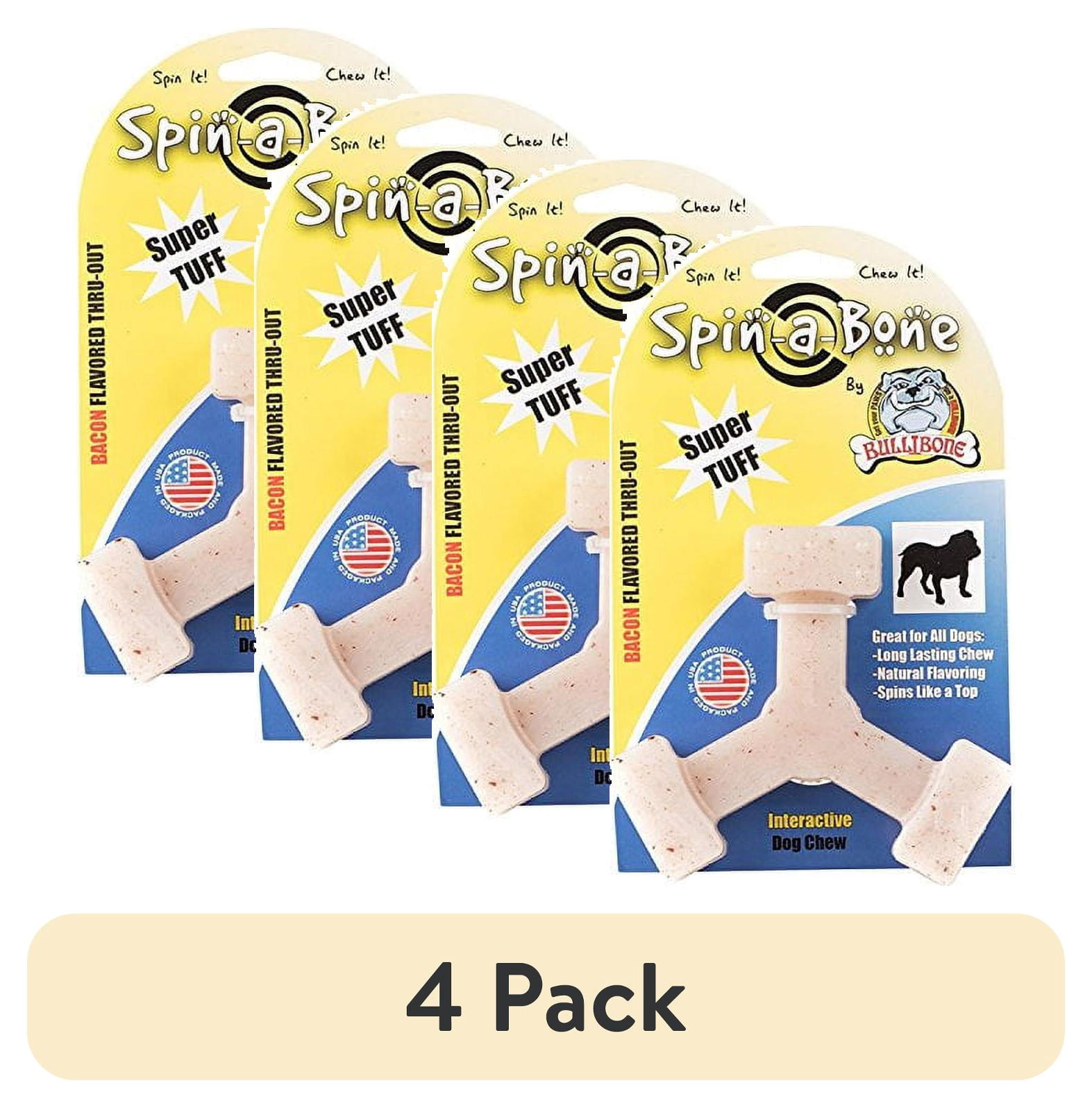 (4 pack) Bullibone Spin-a-Bone Dog Chew Toy for Dental Health with Bacon Flavor