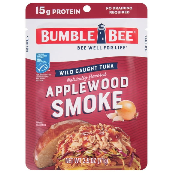 (4 pack) Bumble Bee Applewood Smoke Naturally Flavored Light Tuna, Wild Caught, Gluten Free, 15g Protein per Serving, Ready to Eat, Shelf Stable Pouch, 2.5 oz
