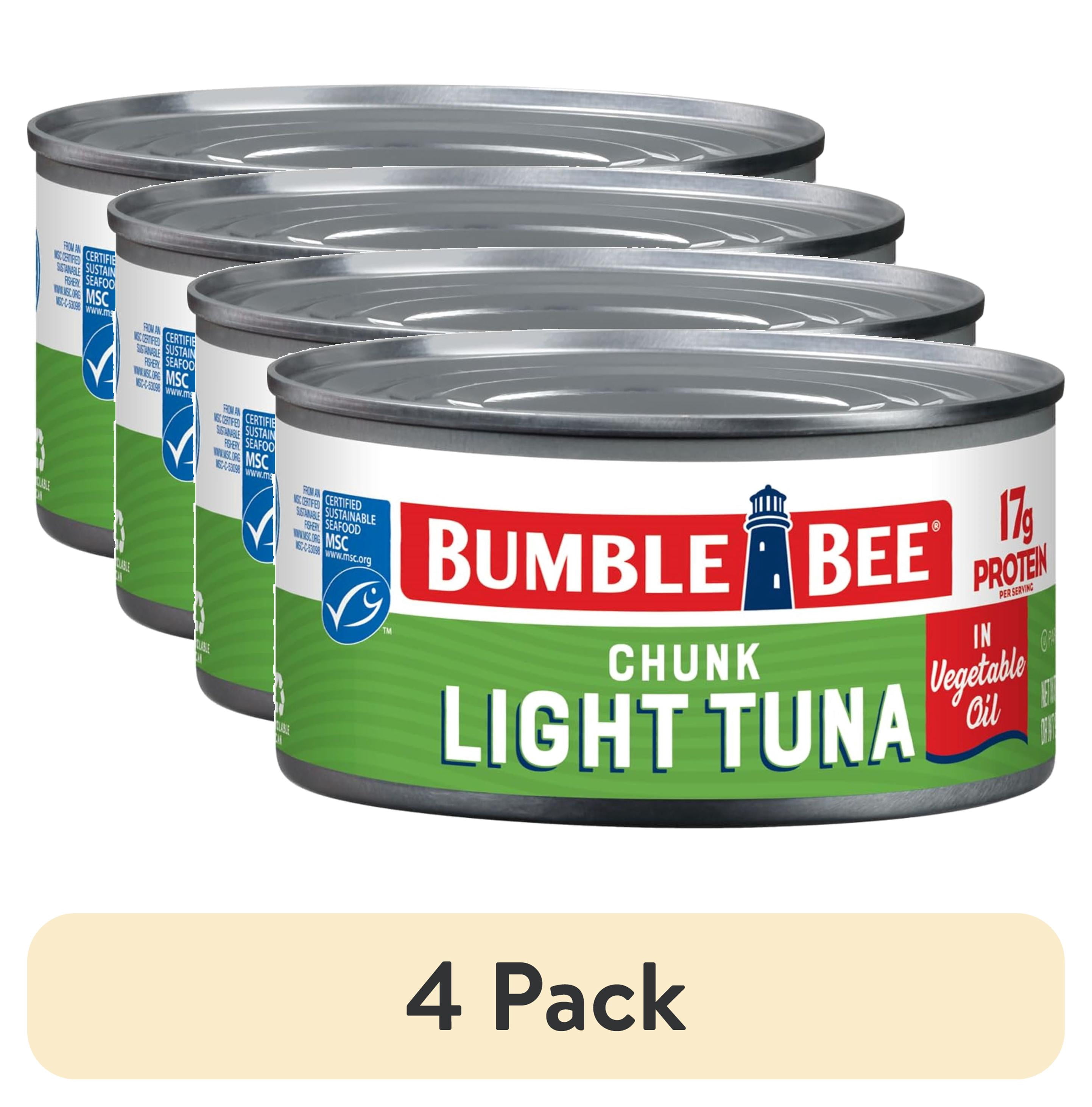 (4 pack) Bumble Bee Chunk Light Tuna in Vegetable Oil, Wild Caught Skipjack Tuna, Gluten Free, 17g Protein Per Serving, Shelf Stable Can, 12 oz