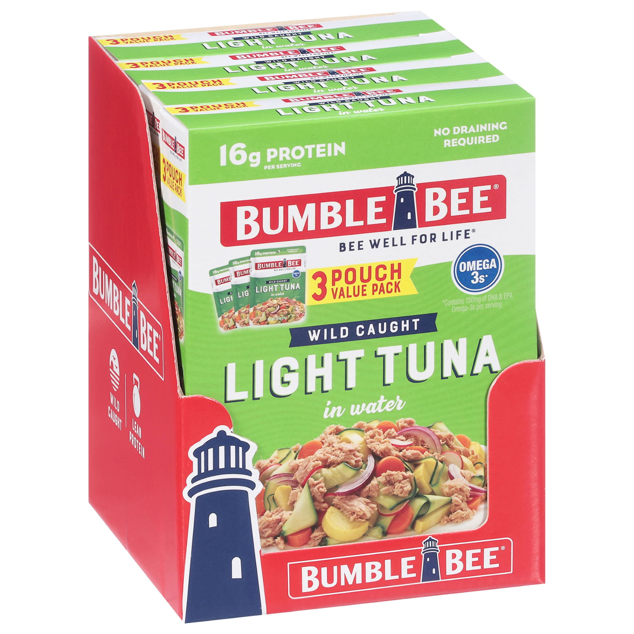 (4 pack) Bumble Bee Chunk Light Tuna in Water, Wild Caught Skipjack Tuna, Gluten Free, 16g Protein per Serving, Shelf Stable Pouch, 2.5oz (Pack of 3)