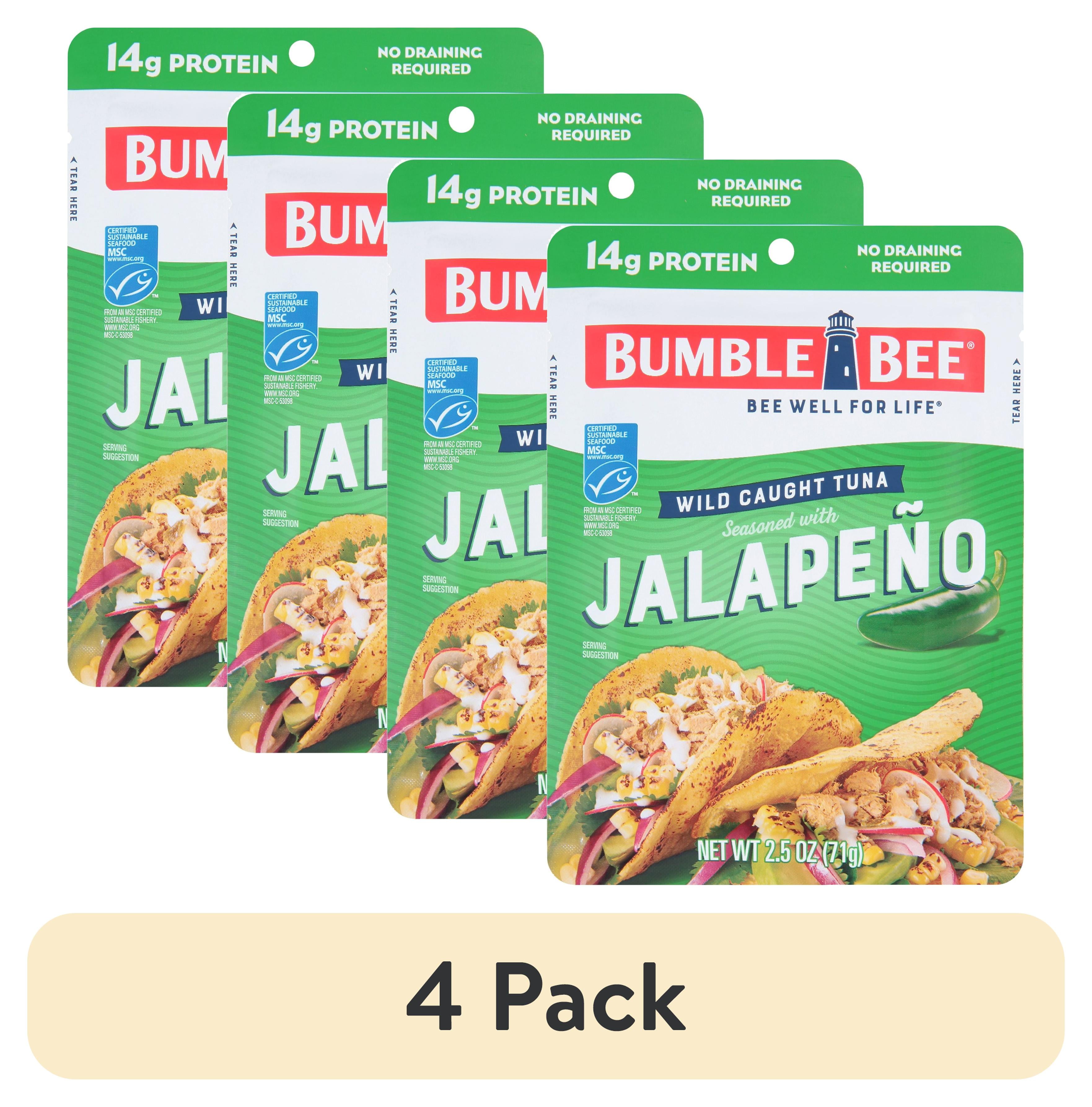 (4 pack) Bumble Bee Jalapeno Seasoned Light Tuna, Wild Caught, Gluten Free, 14g Protein per Serving, Ready to Eat, Shelf Stable Pouch, 2.5 oz