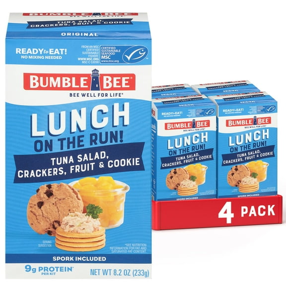 (4 pack) Bumble Bee Lunch on The Run Tuna Salad with Crackers Kit, Wild Caught, Ready to Eat, Includes Peach Cup and Cookie, Shelf Stable Box, 8.2 oz