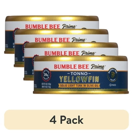 (4 pack) Bumble Bee Prime Tonno Yellowfin Tuna in Olive Oil, Wild Caught, Gluten Free, 28g Protein per Serving, Shelf Stable Can, 5 oz