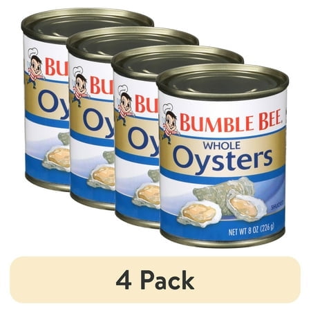 (4 pack) Bumble Bee Whole Canned Oysters in Water, Gluten Free, 14g Protein per Serving, Shelf Stable Can, 8oz