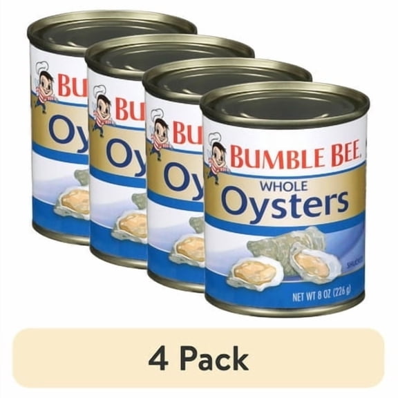 (4 pack) Bumble Bee Whole Canned Oysters in Water, Gluten Free, 14g Protein per Serving, Shelf Stable Can, 8oz