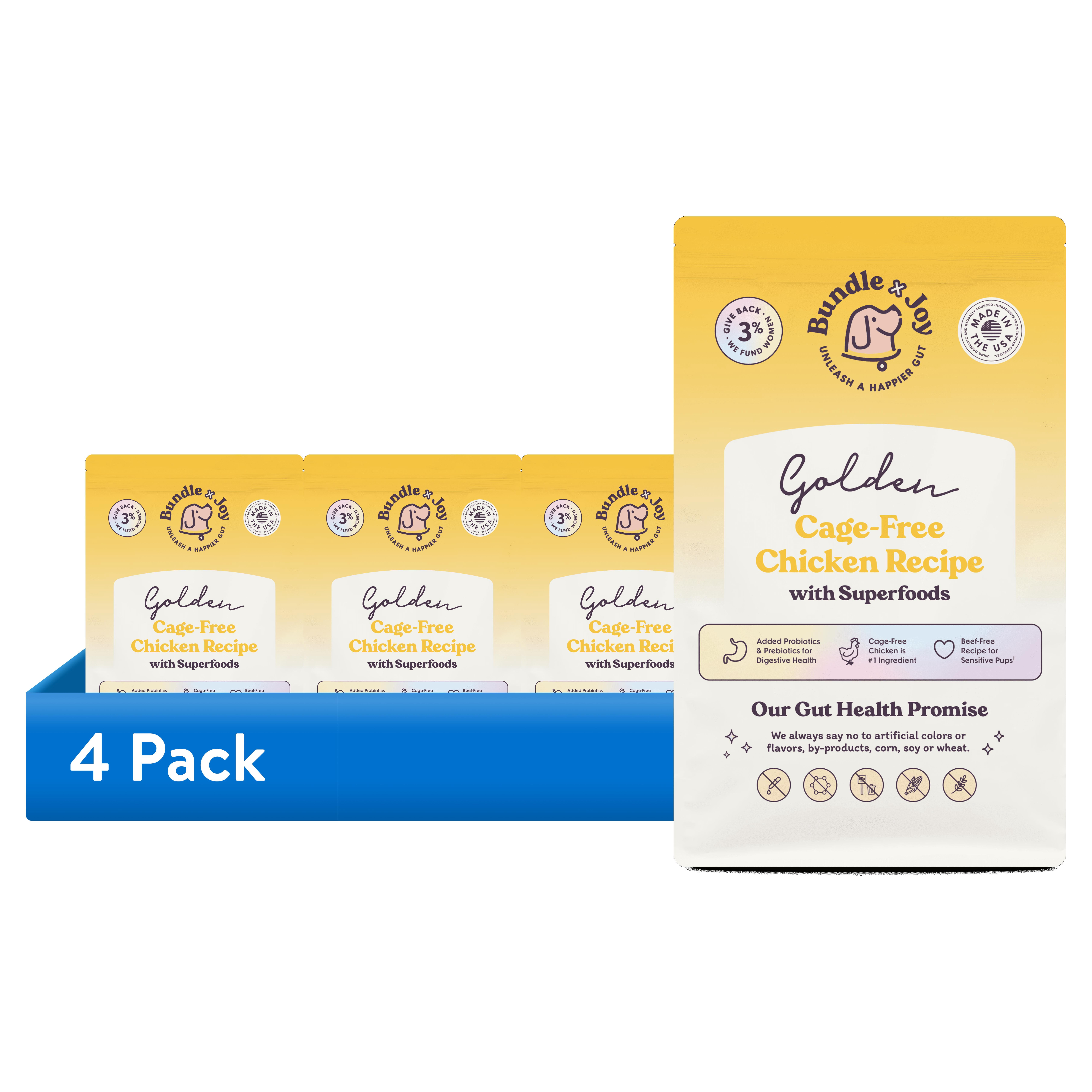 (4 pack) Bundle x Joy Golden Gut-Friendly Cage-Free Chicken Flavor Dry Dog Food, 4 lb Bag