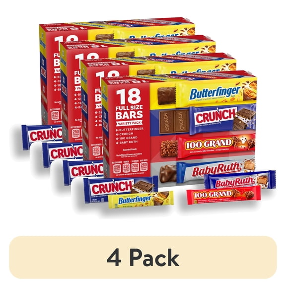 (4 pack) Assorted Butterfinger, Crunch, Baby Ruth, and 100 Grand Full Size Chocolates, 18 count, 31.2 oz
