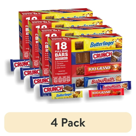 (4 pack) Assorted Butterfinger, Crunch, Baby Ruth, and 100 Grand Full Size Chocolates, 18 count, 31.2 oz