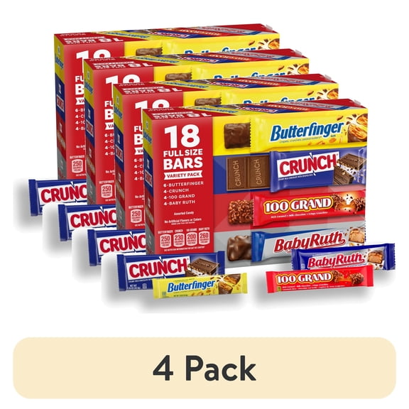 (4 pack) Assorted Butterfinger, Crunch, Baby Ruth, and 100 Grand Full Size Chocolates, 18 count, 31.2 oz