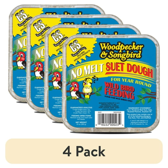 (4 pack) C&S Woodpecker & Songbird No Melt Suet Dough, for Wild Birds, 10 Ounces