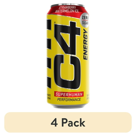 (4 pack) C4 Energy Drink + Strawberry Watermelon Ice + Zero Sugar + Explosive Energy + 16oz Single Can