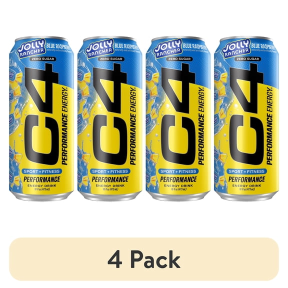 (4 pack) C4 Performance Energy Drink, Jolly Rancher Blue Raspberry, 16 fl oz Single Can