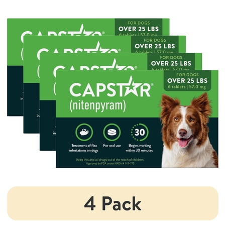 (4 pack) CAPSTAR (Nitenpyram) Fast-Acting Oral Flea Treatment for Large Dogs (over 25 lbs), 6 Tablets, 57 mg