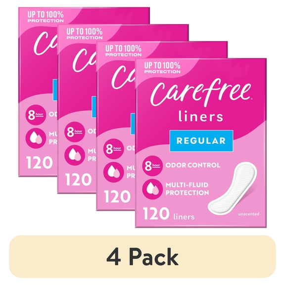 (4 pack) Carefree Panty Liners for Women, Regular, Unwrapped, Unscented (120 Count)