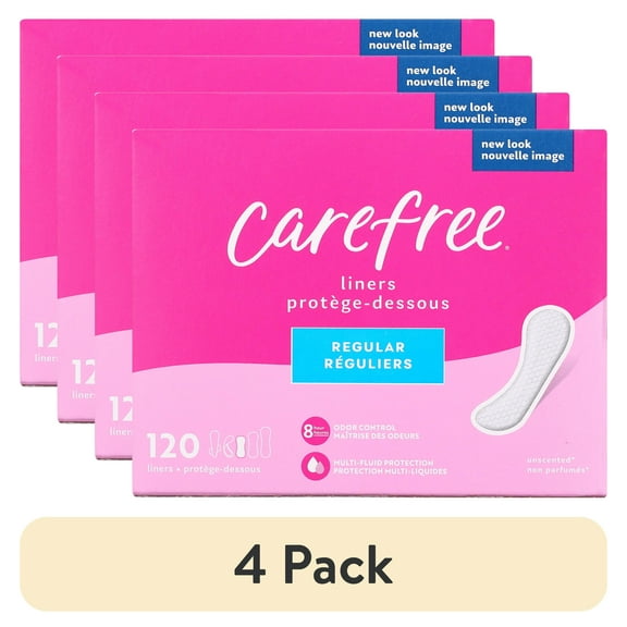 (4 pack) CAREFREE® Panty Liners, Regular, Flat, Unscented, 8 Hour Odor Control, 120ct