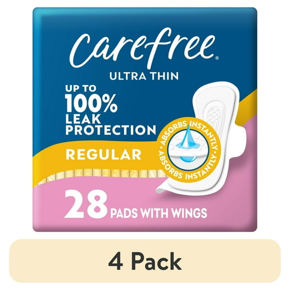 (4 pack) Carefree Ultra Thin Pads with Wings, Regular Absorbency, 28 Ct