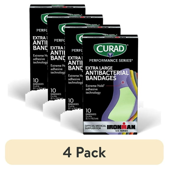 (4 pack) CURAD Performance Series IRONMAN Antibacterial Bandages, Assorted Colors, 2 x 4 inches, 10 Count