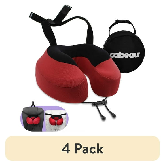 (4 pack) Cabeau Evolution S3 Memory Foam Travel Pillow for Adults, Seat Strap for Neck and Head Support on Airplanes, One Size, Cardinal Red