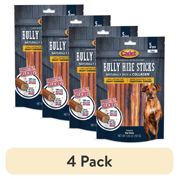 (4 pack) Cadet Bully Hide Sticks All-Natural Dog Chews Small Bully Stick Small (5 Count)