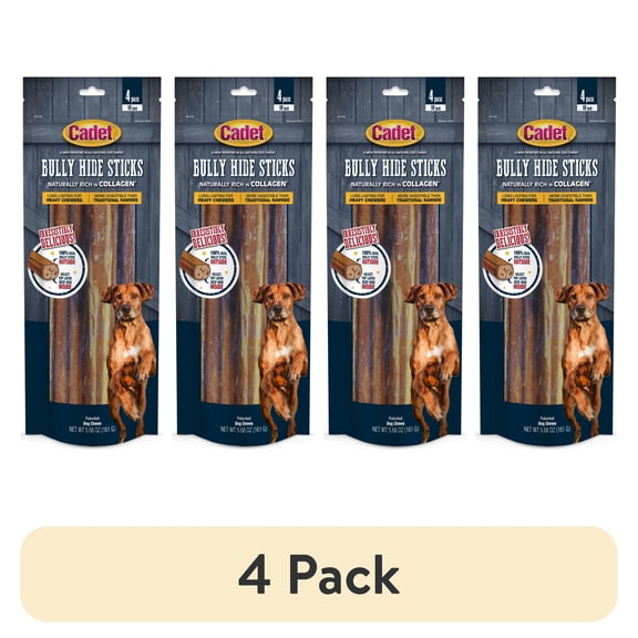 (4 pack) Cadet Bully Hide Sticks Dog Treats for Large Dogs, Natural Dog Chew Sticks, Limited Ingredient Dog Bones, Large, 5.68 Ounce, 4 Count