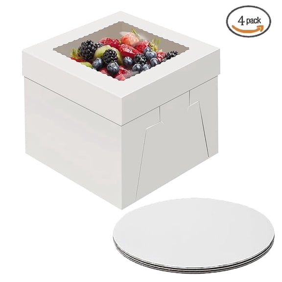 4 pack Cake Boxes with Window, 12x12x6 in Cake Box with Boards, White Bakery Boxes for Cookies, Pies, Cupcakes, Pastry, for Wedding, Birthday, Party
