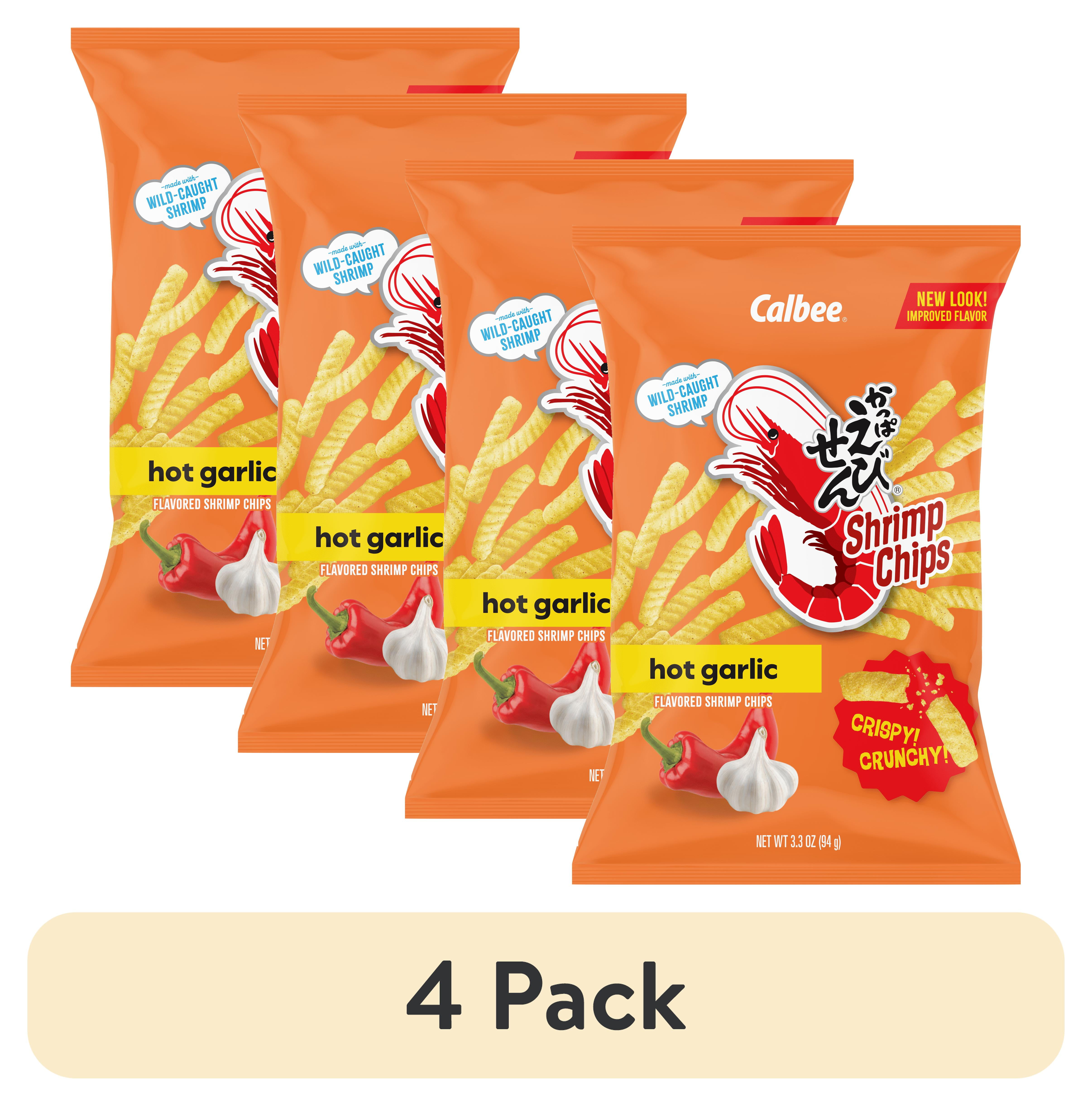 (4 pack) Calbee Shrimp Chips Baked Hot Garlic Flavored Shrimp Chips 3.3oz Bag