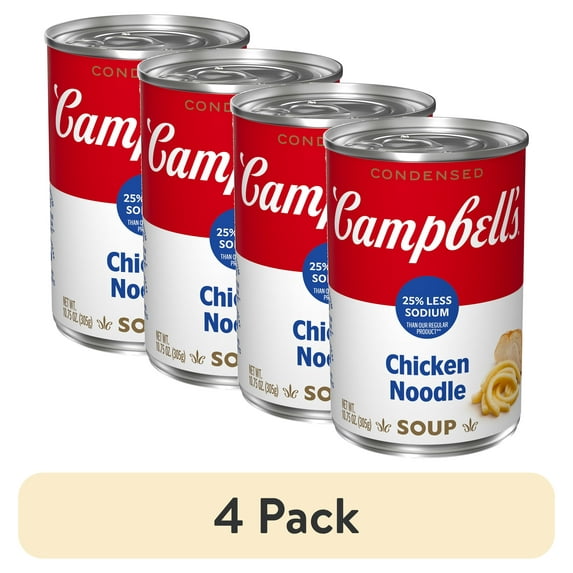 (4 pack) Campbell’s Condensed 25% Less Sodium Chicken Noodle Soup, 10.75 oz Can