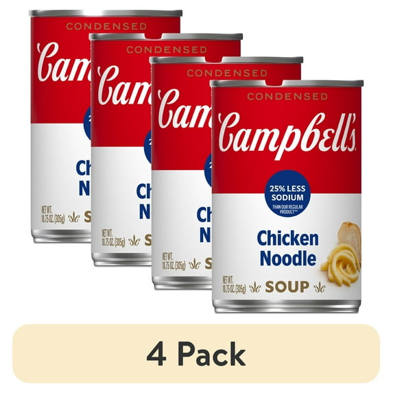 (4 pack) Campbell’s Condensed 25% Less Sodium Chicken Noodle Soup, 10.75 oz Can