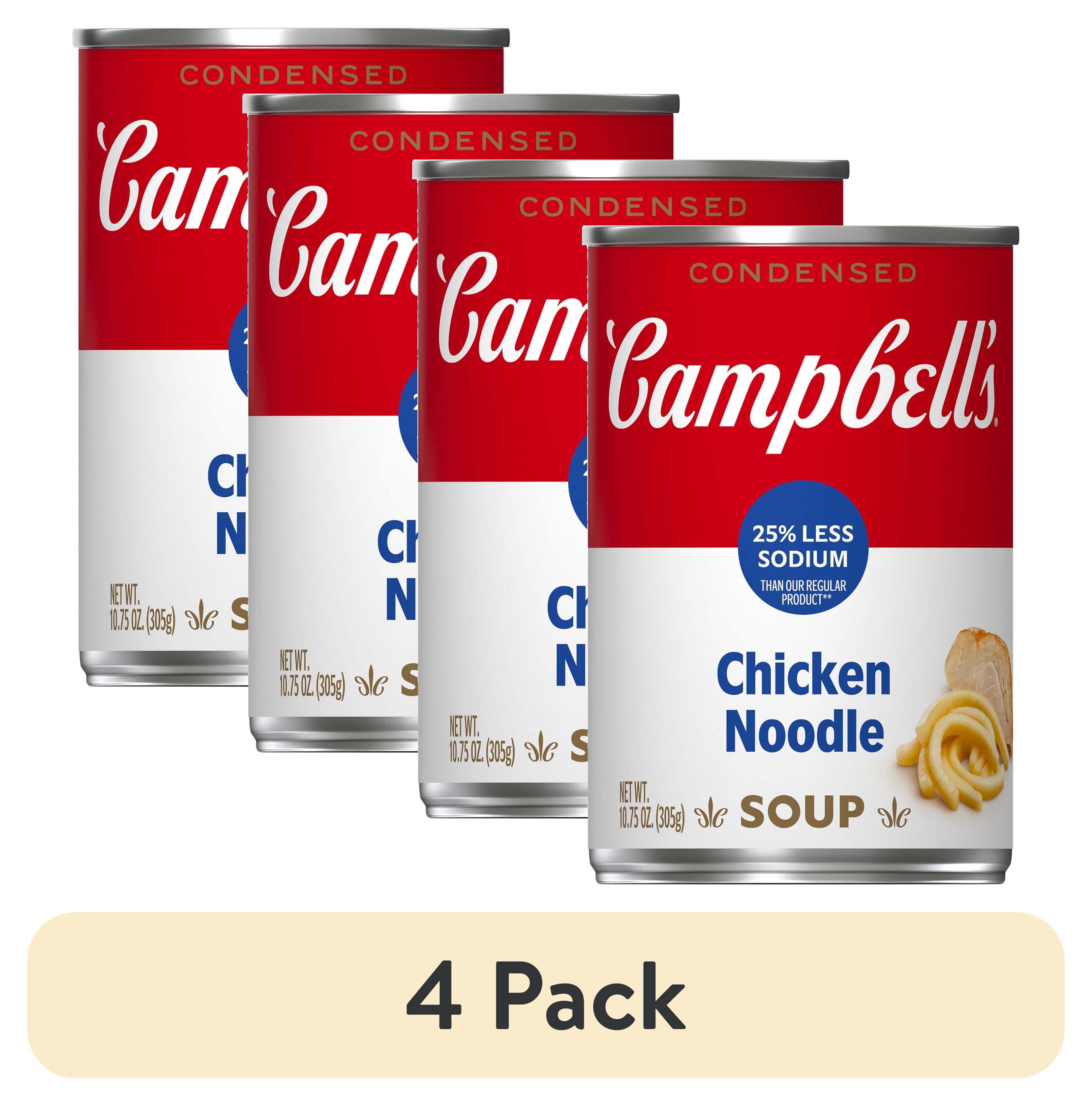 (4 pack) Campbells Condensed 25% Less Sodium Chicken Noodle Soup, 10.75 oz Can