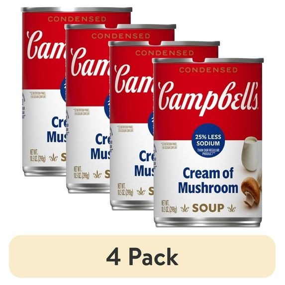 (4 pack) Campbell's Condensed 25% Less Sodium Cream of Mushroom Soup, 10.5 oz Can