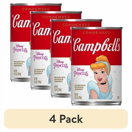 (4 pack) Campbell’s Condensed Kids Soup, Disney Princess Cool Shapes Pasta, 10.5 oz Can
