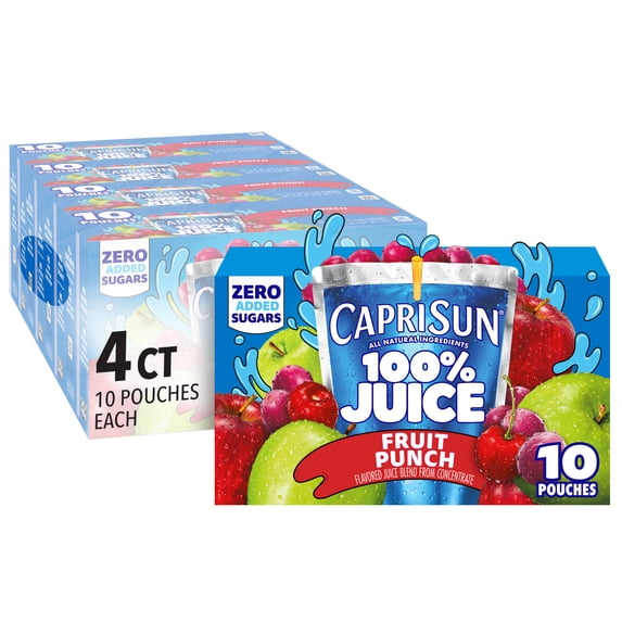 (4 pack) Capri Sun 100% Juice Fruit Punch Flavored All-Natural Juice Blend from Concentrate with added ingredients and other natural flavors, 10 Count Box, 6 fl oz Pouches