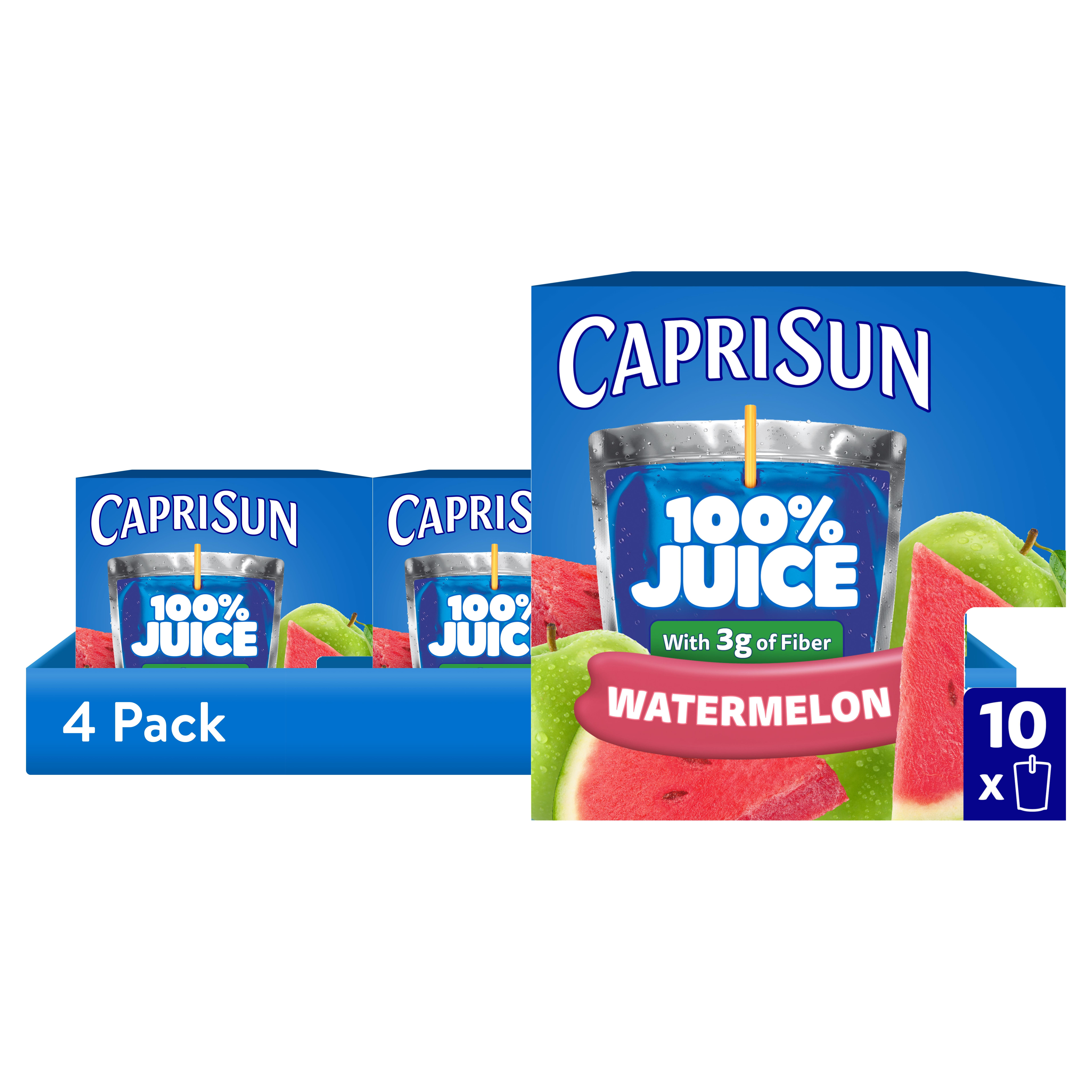(4 pack) Capri Sun 100% Juice Drink Blend from Concentrate Juice Boxes, 10 Pouches, for School Lunches and On-the-Go Hydration, Watermelon with Added Ingredients and other Natural Flavor, 6 oz