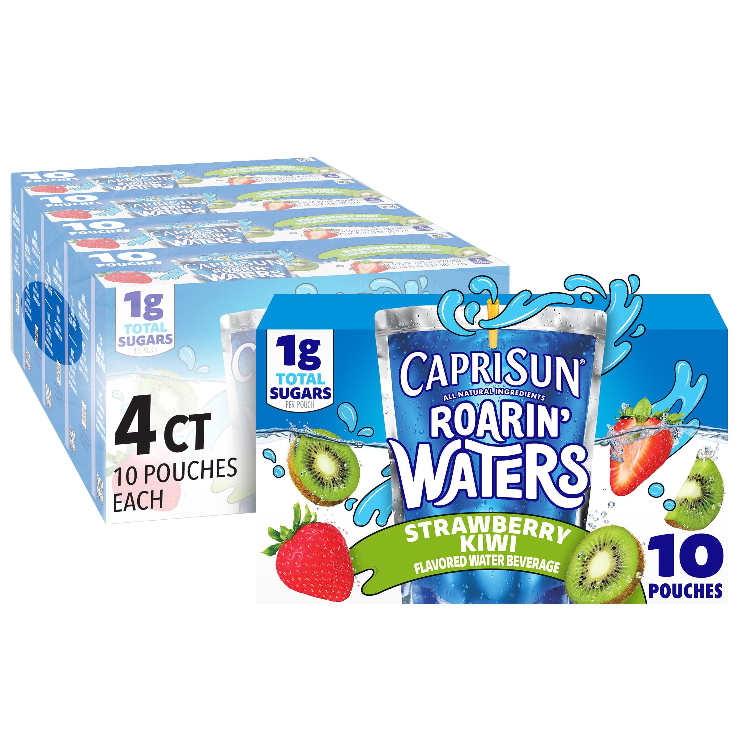 (4 pack) Capri Sun Roarin' Waters Strawberry Kiwi Surf Flavored Water Kids Drink Pouches, 10 Ct Box, 6 fl oz Pouches, Crisp, Light, Thin