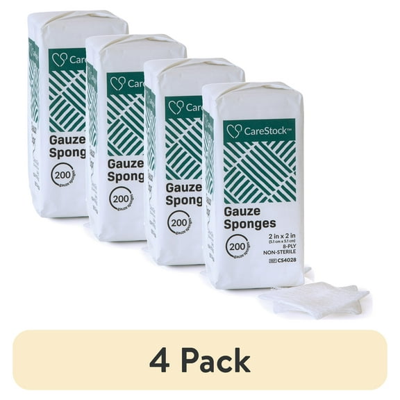 (4 pack) CareStock Gauze Sponge - Highly Absorbent, Medical-Grade Cotton Wound Dressing, First-Aid Essential - Non-Sterile 8-Ply Square, 2 x 2 in., 200 per Pack, 1 Pack