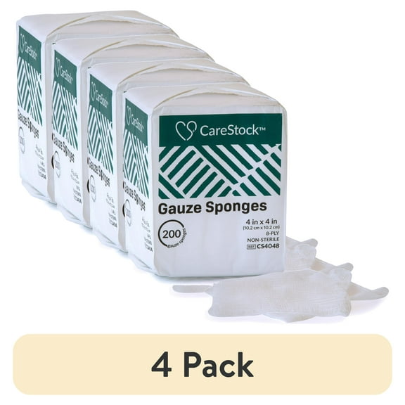 (4 pack) CareStock Gauze Sponge - Highly Absorbent, Medical-Grade Cotton Wound Dressing, First-Aid Essential - Non-Sterile 8-Ply Square, 4 x 4 in., 200 per Pack, 1 Pack