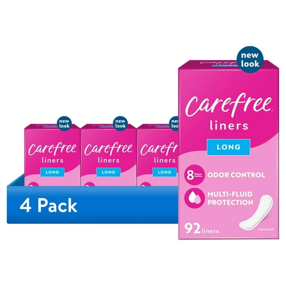 (4 pack) Carefree Regular Panty Liners, Long, Flat, Unscented, 8 Hour Odor Control, 92 Ct