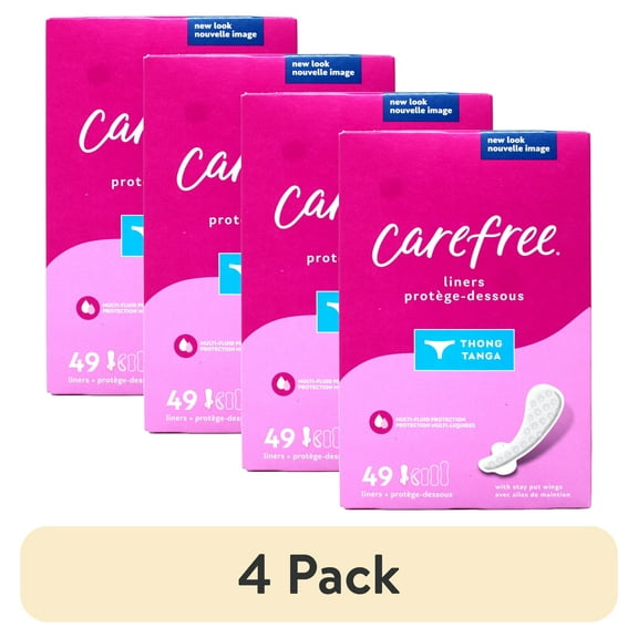 (4 pack) Carefree Thong Pantyliners with Wings, Regular, Unscented, 49 Count